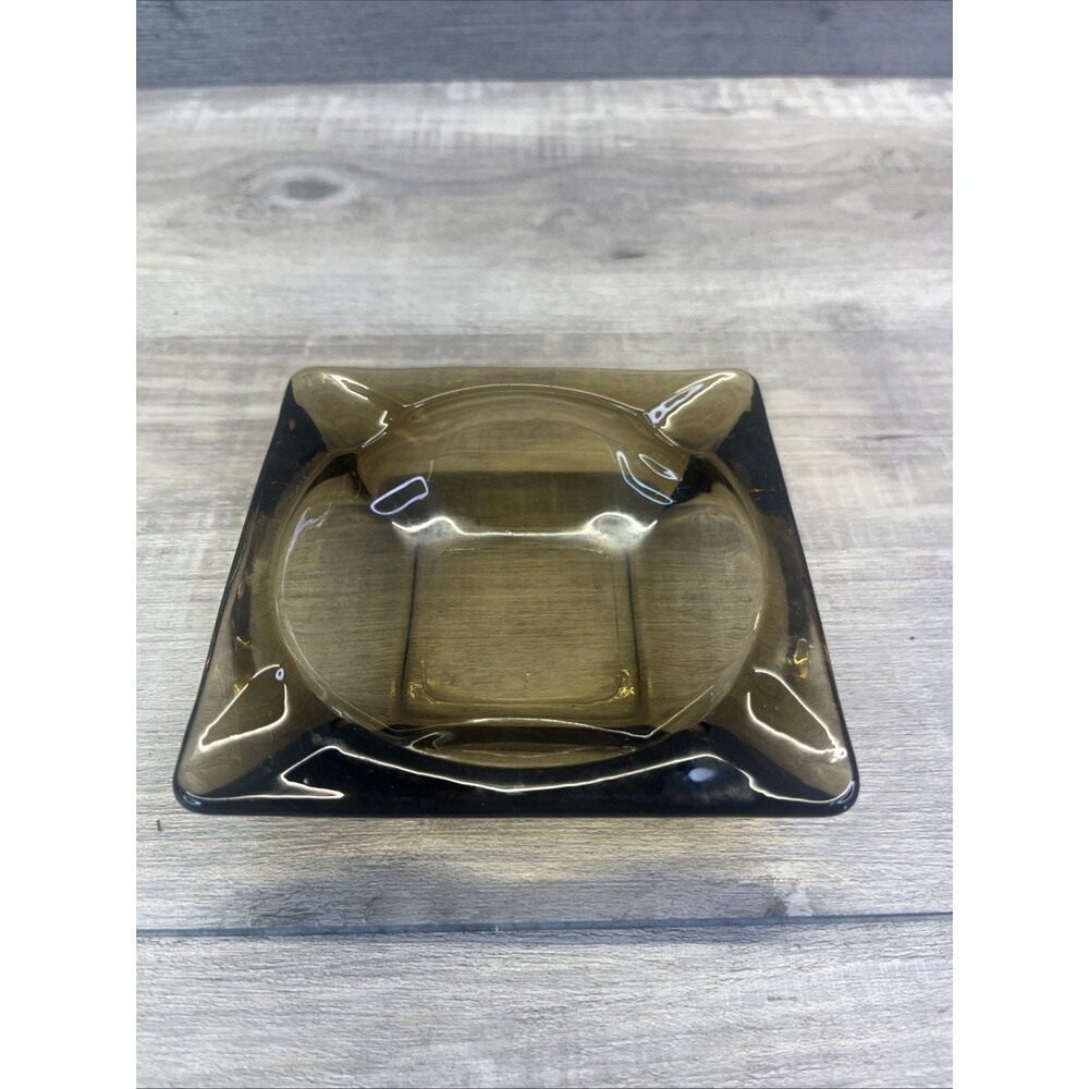 Glass Square Ashtray Mid Century Black Gray Smoke 4 Rest 4.75 Inch